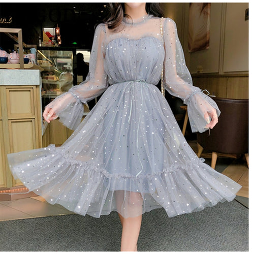 RUGOD New shiny women dress sequined transparent loose a line mesh patchwork elegant solid summer dress korean style kimono