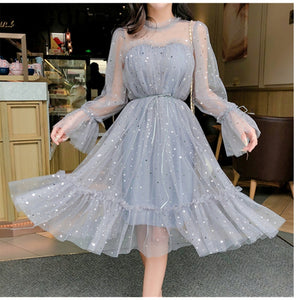 RUGOD New shiny women dress sequined transparent loose a line mesh patchwork elegant solid summer dress korean style kimono