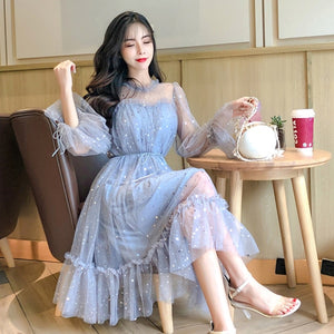 RUGOD New shiny women dress sequined transparent loose a line mesh patchwork elegant solid summer dress korean style kimono