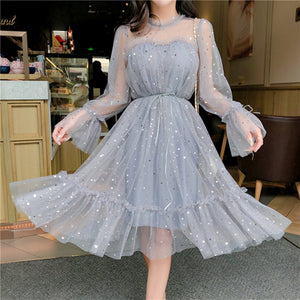 RUGOD New shiny women dress sequined transparent loose a line mesh patchwork elegant solid summer dress korean style kimono