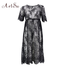 Load image into Gallery viewer, ArtSu Women Black Lace Dress Floor-Length White See Through Dress Adjust Waist Sexy New Hollow Out Vestido Maxi Plus Size DR5046