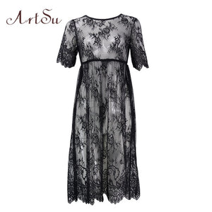 ArtSu Women Black Lace Dress Floor-Length White See Through Dress Adjust Waist Sexy New Hollow Out Vestido Maxi Plus Size DR5046