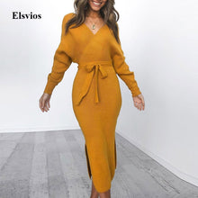 Load image into Gallery viewer, Elsvios Sexy V-Neck Backless Bodycon Dress Autumn Winter Split Knitted Dress Batwing Long Sleeve Sashes Sweater Dress Vestidos