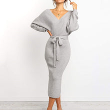 Load image into Gallery viewer, Elsvios Sexy V-Neck Backless Bodycon Dress Autumn Winter Split Knitted Dress Batwing Long Sleeve Sashes Sweater Dress Vestidos