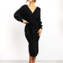 Load image into Gallery viewer, Elsvios Sexy V-Neck Backless Bodycon Dress Autumn Winter Split Knitted Dress Batwing Long Sleeve Sashes Sweater Dress Vestidos