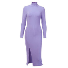 Load image into Gallery viewer, WannaThis Sexy Knee-Length Party Dresses Cotton Ribbed Knitted Turtleneck Solid Split Long Sleeve Autumn Mock Neck Elegant Dress