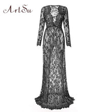 Load image into Gallery viewer, ArtSu Women Black Lace Dress Floor-Length White See Through Dress Adjust Waist Sexy New Hollow Out Vestido Maxi Plus Size DR5046