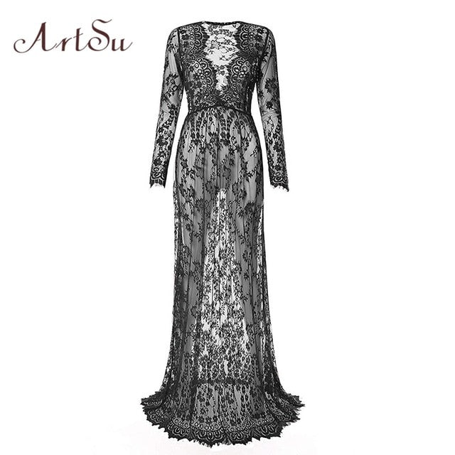 ArtSu Women Black Lace Dress Floor-Length White See Through Dress Adjust Waist Sexy New Hollow Out Vestido Maxi Plus Size DR5046