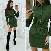 Load image into Gallery viewer, Women Casual Sashes Button Sheath Dress Turn Down Collar Long Sleeve Solid Dress 2019 Autumn Fashion Vintage Elegant Mini Dress