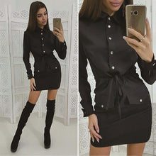 Load image into Gallery viewer, Women Casual Sashes Button Sheath Dress Turn Down Collar Long Sleeve Solid Dress 2019 Autumn Fashion Vintage Elegant Mini Dress