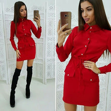 Load image into Gallery viewer, Women Casual Sashes Button Sheath Dress Turn Down Collar Long Sleeve Solid Dress 2019 Autumn Fashion Vintage Elegant Mini Dress