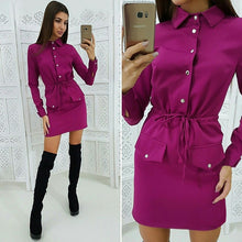 Load image into Gallery viewer, Women Casual Sashes Button Sheath Dress Turn Down Collar Long Sleeve Solid Dress 2019 Autumn Fashion Vintage Elegant Mini Dress