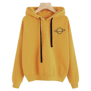 2019 Women Hoodies Sweatshirts Casual Pullovers Planet Print Solid Loose Drawstring Long Sleeve Sweatshirt Autumn Female