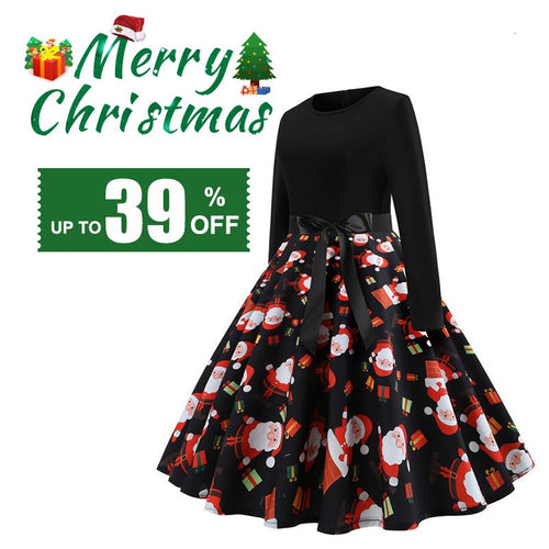 RICORIT Women Christmas Dress Swing Elegant Women Print Dress Party Dresses Long Sleeve Dress Vintage Women Dress Robe Plus Size