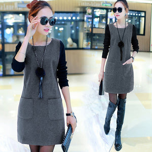 Women Fake Two Pieces Dress Fashion Warm Pullover Round Neck Long Sleeves Autumn Outfits Tops A66