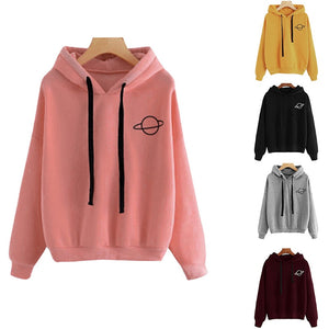 2019 Women Hoodies Sweatshirts Casual Pullovers Planet Print Solid Loose Drawstring Long Sleeve Sweatshirt Autumn Female