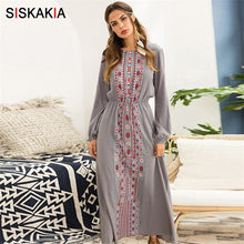 Load image into Gallery viewer, Siskakia Women long Dress 2019 Fashion Ethnic Printing Maxi Dresses long sleeve Beach Holiday Vocation Wears Gray Blue khaki