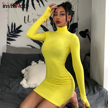 Load image into Gallery viewer, InstaHot Turtleneck Long Sleeve Skinny Mini Dress Women Autumn Sexy Sporting Style Dresses 4 Color Bodycon Slim Yellow Clubwear